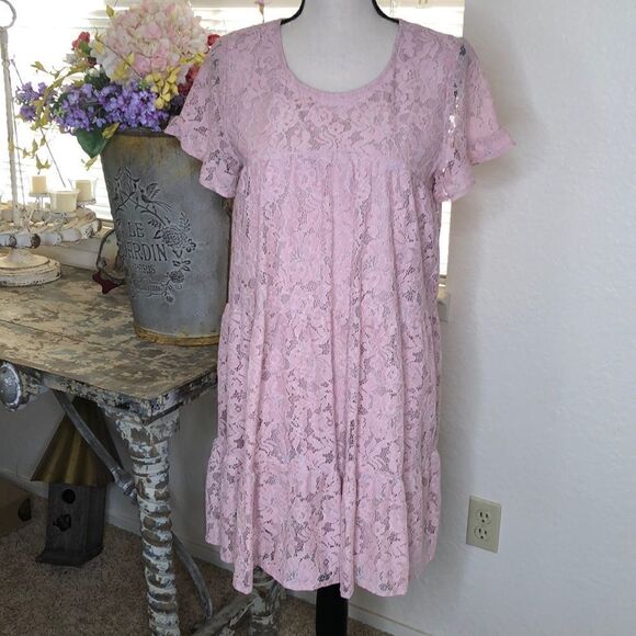 NEW Umgee Pink Lace Soft Girl Shift Dress SzS  NWT - Picture 1 of 9